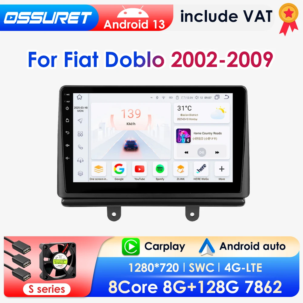 2Din Android 13 Autoradio Per Fiat Doblo 2002-2009 Auto Lettore Multimediale GPS Wireless Carplay Android Auto 4G DSP SWC 360Camera