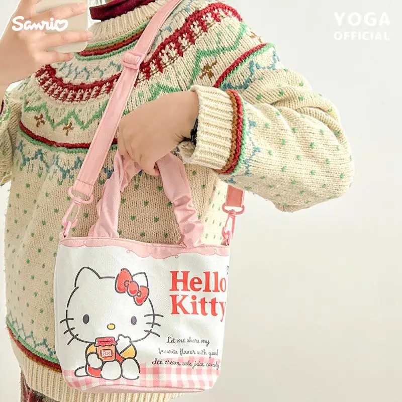 Kawaii Hello Kitty Large Capacity Wrinkled Bucket Bag Cartoon Cinnamoroll My Melody Kuromi Cute Lipstick Key Crossbody Handbag