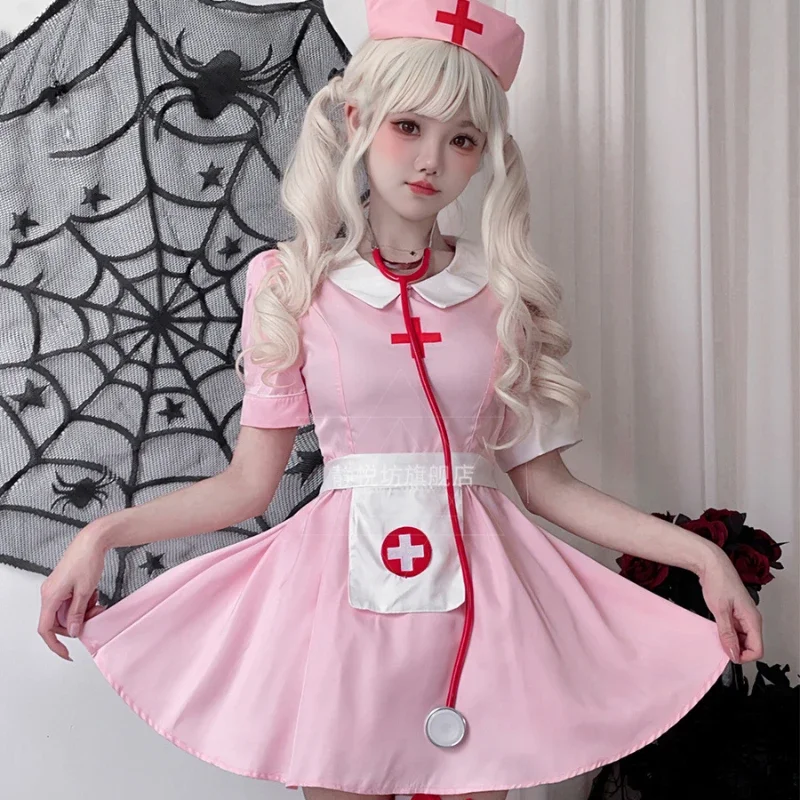 Sexy Nurse Cosplay Anime Pink Pure Desire Role Playing Uniforms Halloween Clothing Temptation Performance 4Piece Disfraz