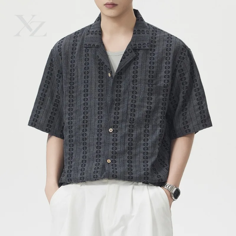 Opening Sale |Men's Fashion Versatile Jacquard Plus Size Shirt Top with Chest Pocket Cuban Collar Short Sleeve Casual Button Dow