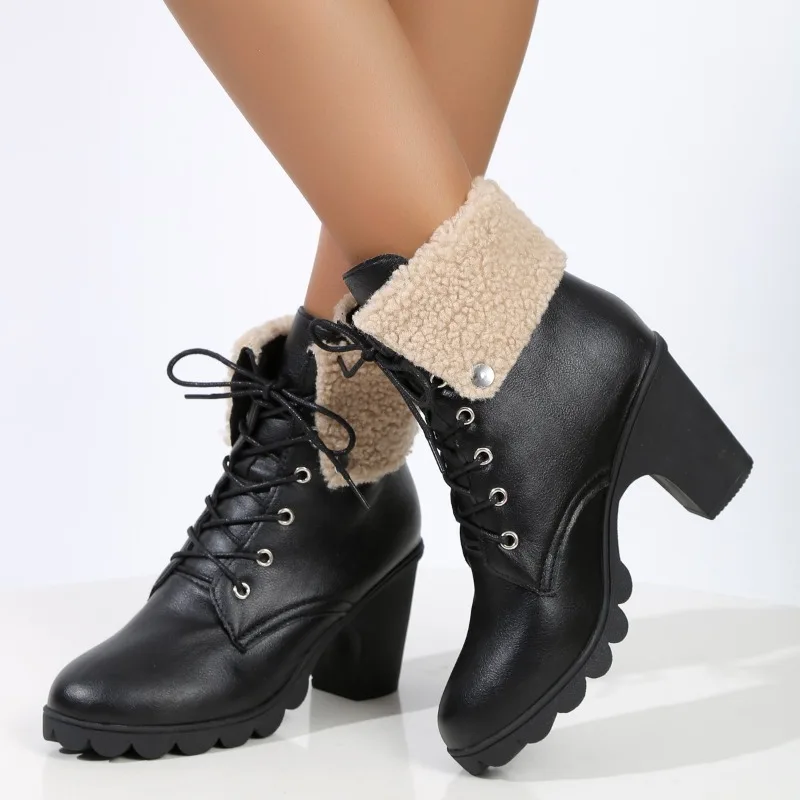 

2025 Women's High Heeled Ankle Boots Pointed Toe Booties Women's Fashion New Women's Boots Solid Color Lace-up Casual