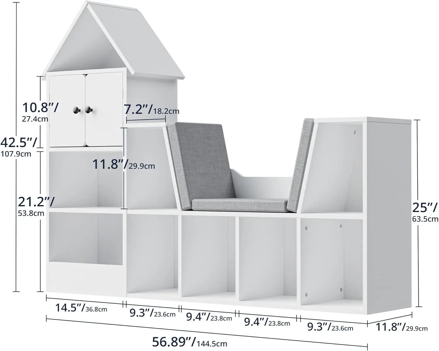 Estante infantil de madeira de 56.9 "com ângulo de leitura, estante infantil com almofadas removíveis, organizador de armazenamento de brinquedos com 9 cubos