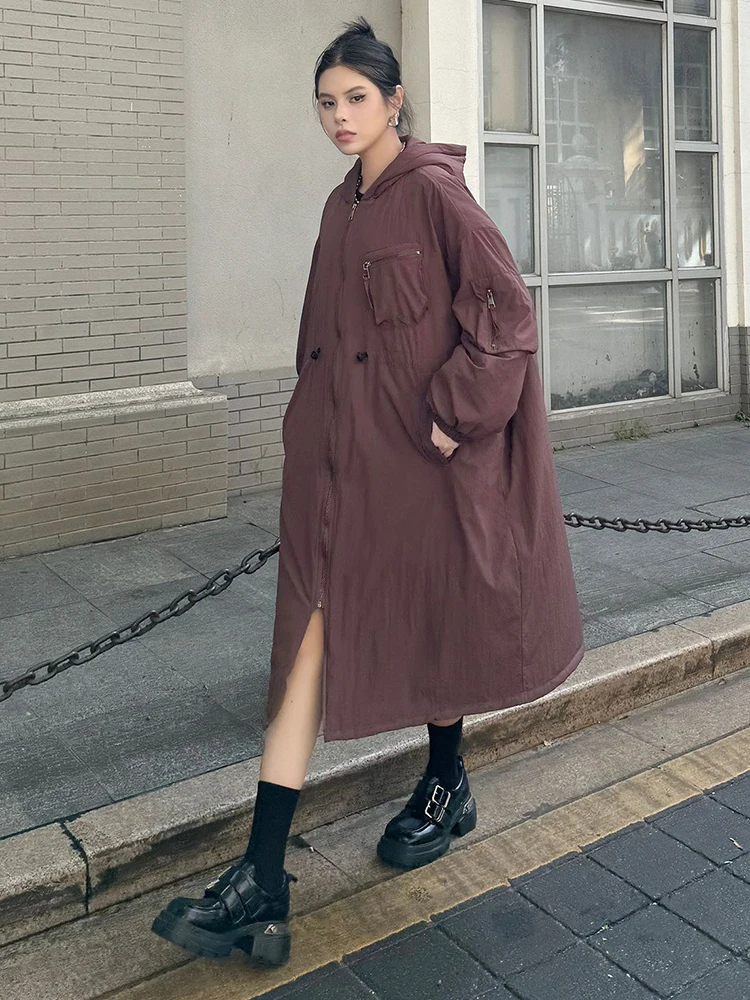 [EAM] Dark Gray Big Size Long Hooded Cotton-padded Coat Long Sleeve Women Parkas Fashion Tide New Autumn Winter 2024 1DH7696