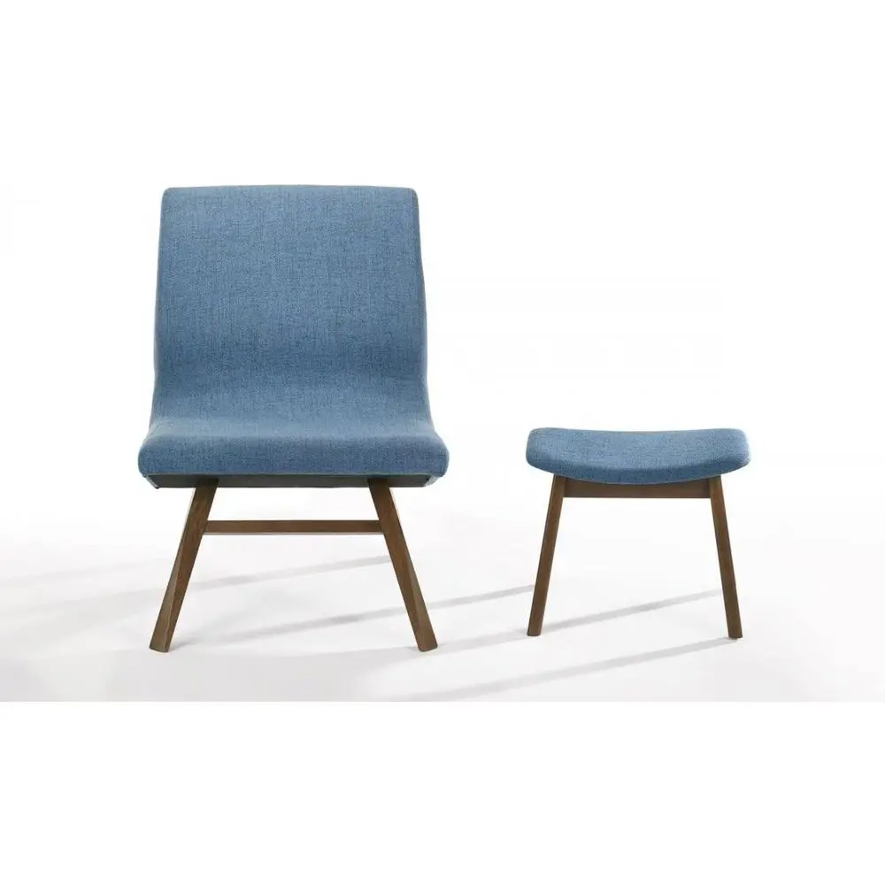 

22" Blue and Walnut Solid Color Lounge Chair with Ottoman