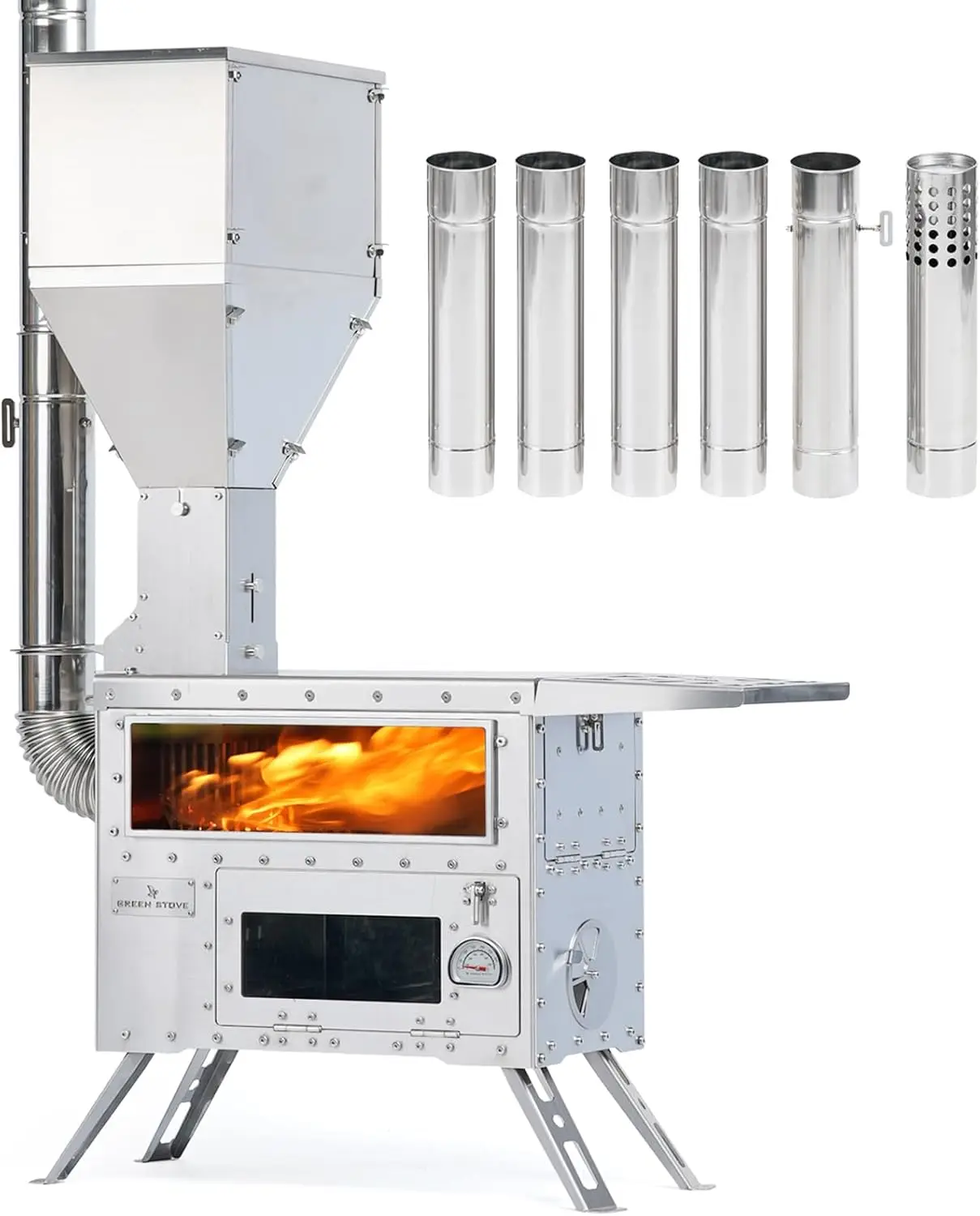 Estufa de pellets Hori 5 con horno, estufa de leña portátil para exteriores, cocinar, senderismo, estufa de tienda caliente con acero inoxidable