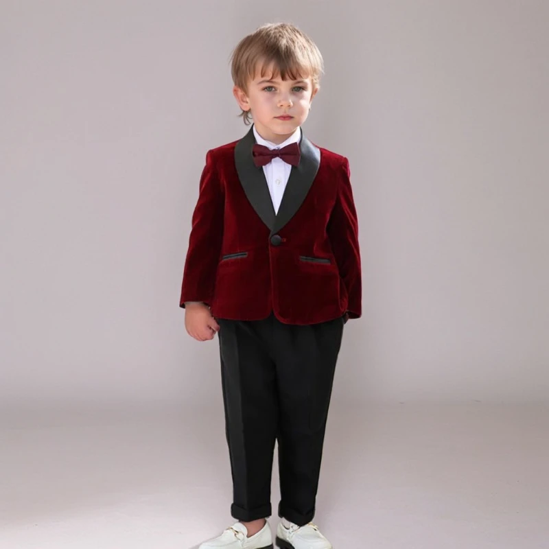 Children One Year Old Birthday Tuxedo Outfits Black Elegance Velvet Weddings Suit for Boys Gentleman Piano Performance Costume