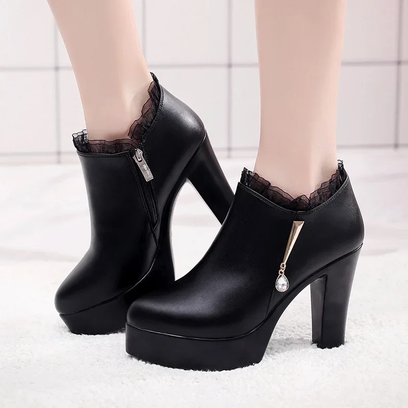 8cm 11cm Small Size 32-43 Elegant Lace Deep Mouth Block High Heels Pumps with Fur 2023 Womens Platform Shoes Office Model Mom