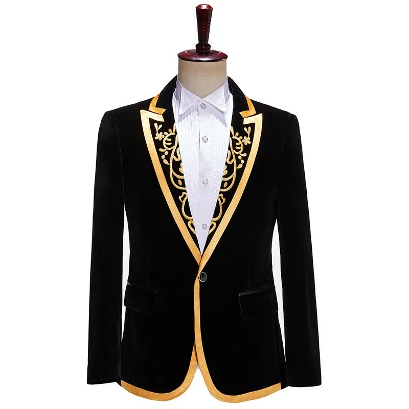 

Suit for Men Velveteen Computer Embroidery Edge Black Velvet Suits Stage Perform Compere Anchor Coat Blazers for Men