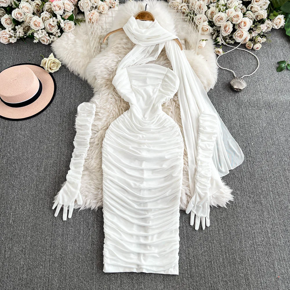 

Female Strapless Split Long Dress White Sweet Fairy Halter With Gloves Lady Elegant Charming Dinner Banquets Evening Night Dress