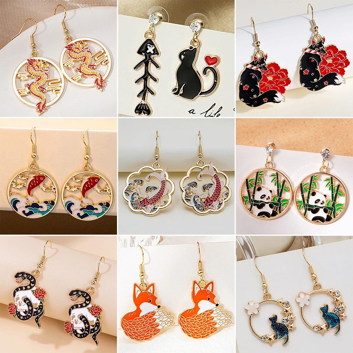Cute Cartoon Animal Earrings Fashion Cat Panda Fox Geometric Dangle Earrings for Women Girls Jewelry Gift Wholesale