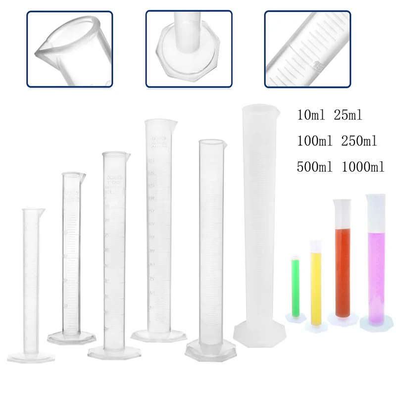 Plastic Measuring Cylinder Laboratory Test Graduated Liquid Trial Tube Jar Tool New 10/25/50/100/250/500/1000ML