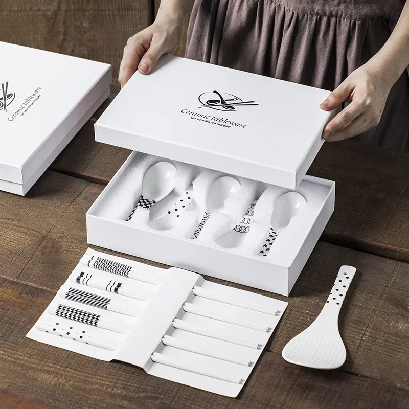 5 Pairs Ceramic Chopsticks & Spoons Set Home Kitchen Long Handle Round Head Soup Spoon Non-Slip Chopsticks & Rice Spoon Gift Set