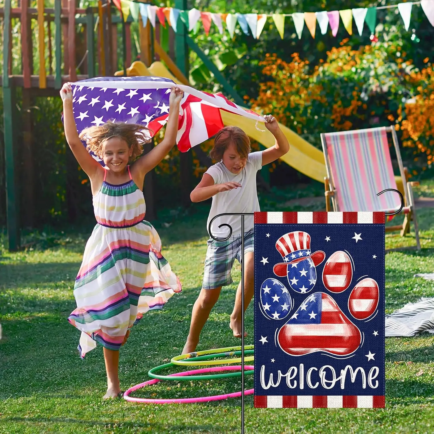 4th of July Patriotic Welcome Garden Flag 12x18 Inch Double Sided USA Flag Blue Red Dog Paw Garden Flag for Outdoor Yard Mem AAS