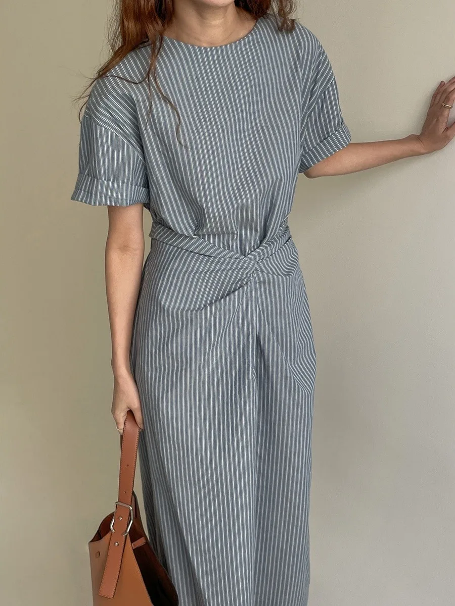 South korea Dongdaemun Retro Temperament Contrast Color Stripe Knot Design Lace-up Waist Hugging Slimming Short sleeve Dress ...