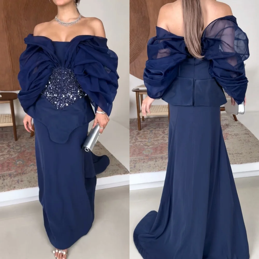 

High Quality Jersey Beading Sequined Pleat Draped Ruched Straight Off-the-shoulder Long Dresses Homecoming Dresses Fashion