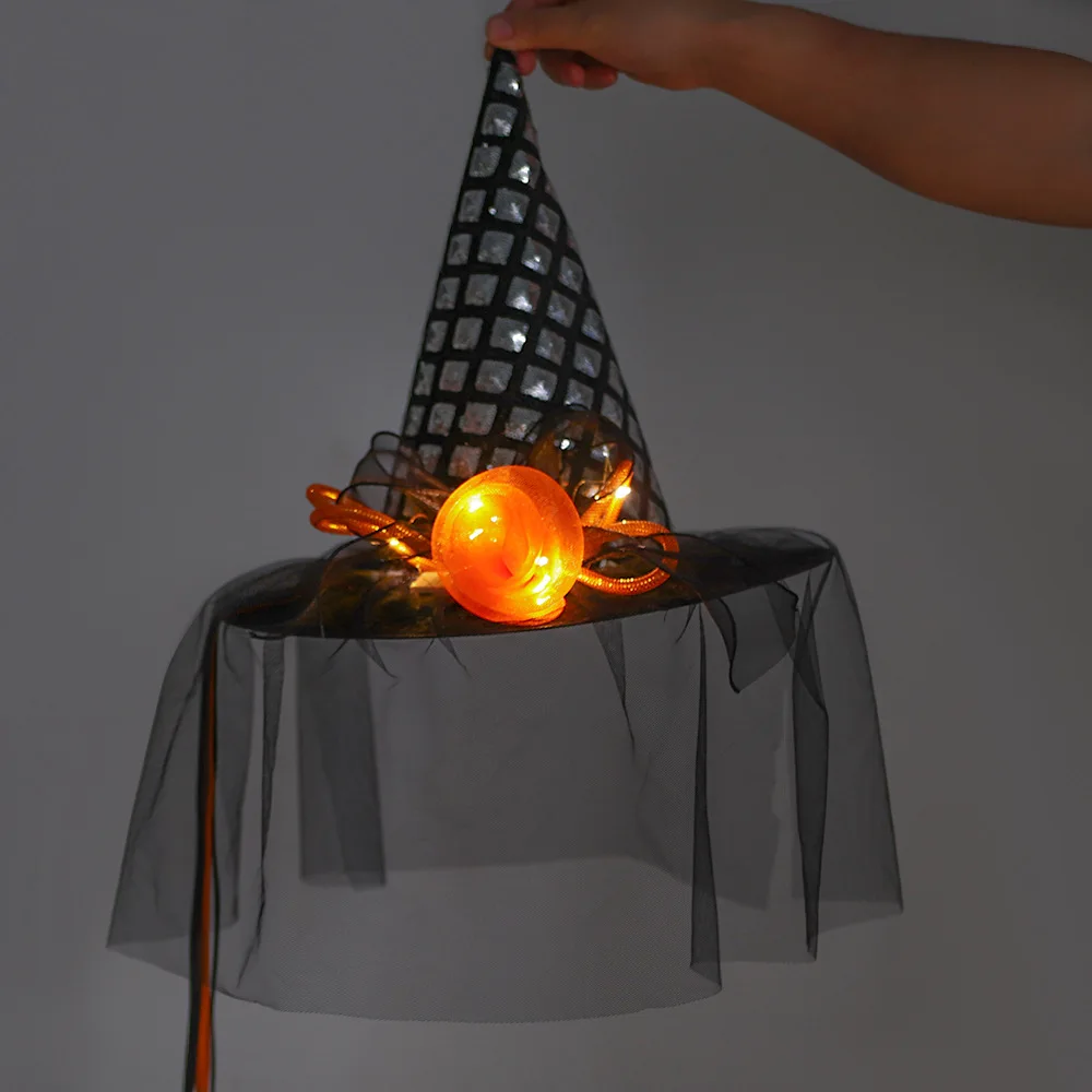 Sombrero de bruja de Halloween, Bola de maquillaje, accesorios de decoración, sombrero de bruja luminoso