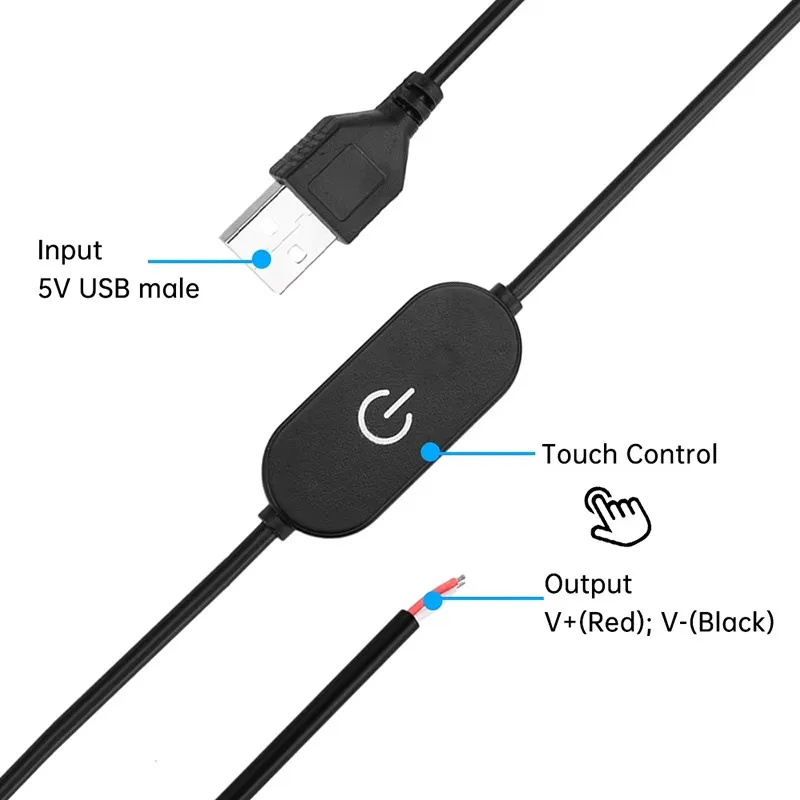 1/2/5pcs Black Or White Usb Revolving 2-core Bare Wire With Touch Dimming 1.5m Adjustable Switch Cable 5V 1.3A Touch Cable A5