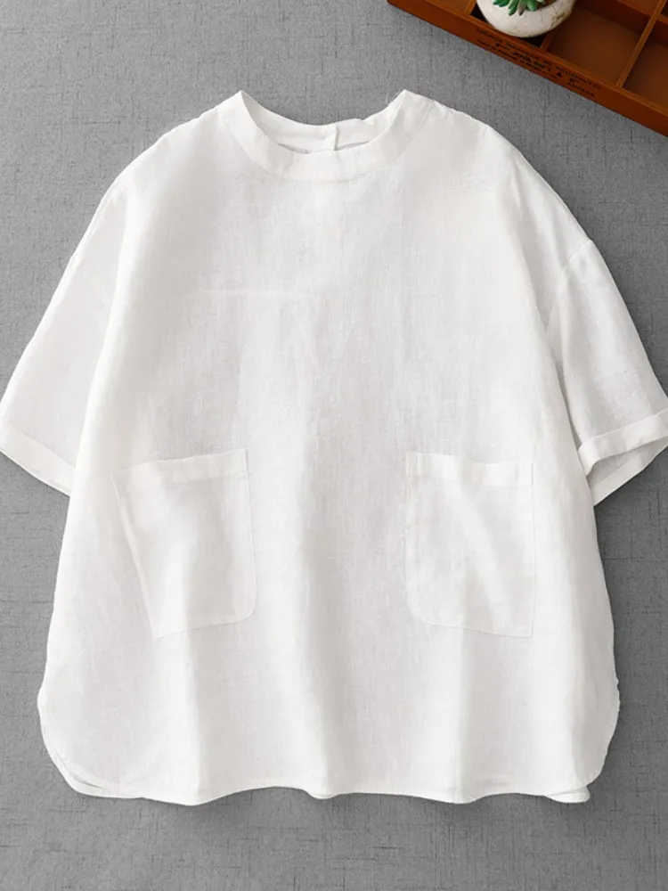 Simple  Color Cotton Linen ort Sve T-irt Women Summer Casual round Ne Overhead Slimming Linen Top