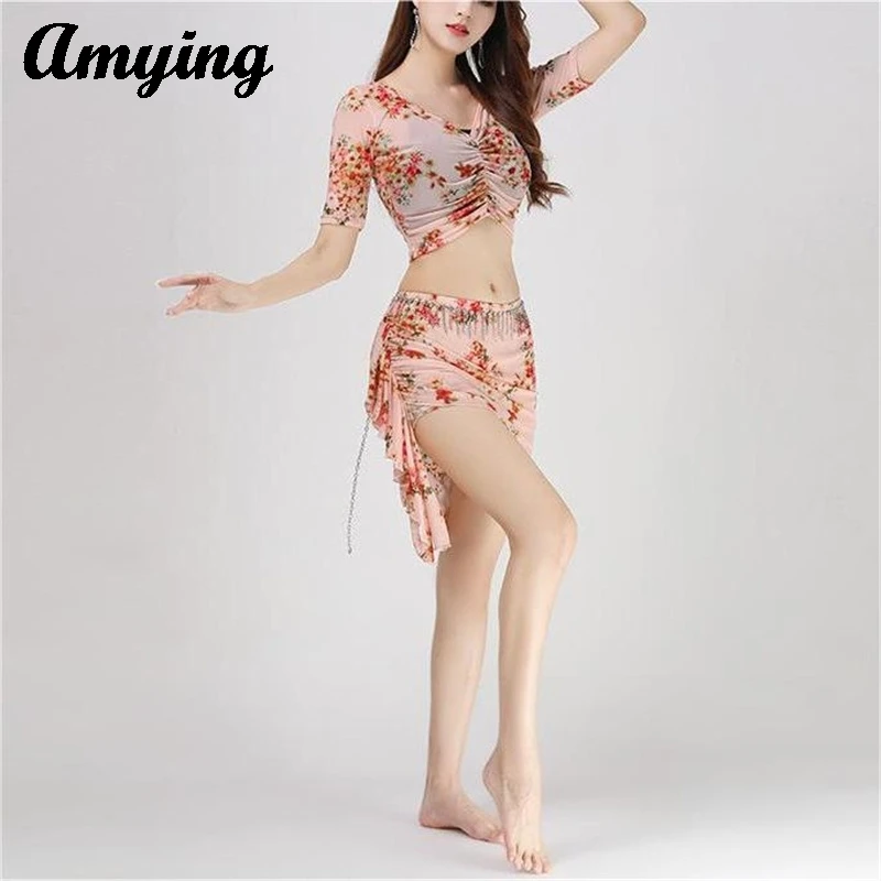 New Belly Dance Practice Clothing Set with Water Yarn Printing Floral Pattern Practice Performance Clothing Large Size Slimming