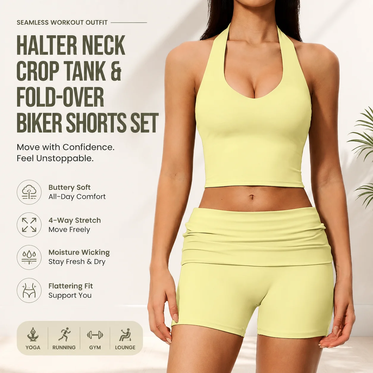 Seamless Halter Neck Crop Tank Top And Fold-Over Biker Shorts Set Women's Workout Outfit Fitness Clothing Set