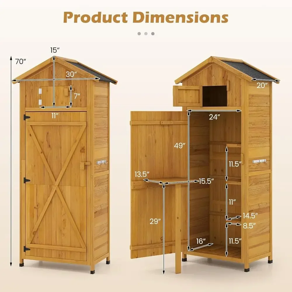 70 Tall Outdoor Wooden Storage Shed with Folding Table and Removable Shelves, Ideal for Garden, Patio, or Backyard (Natural, 30x