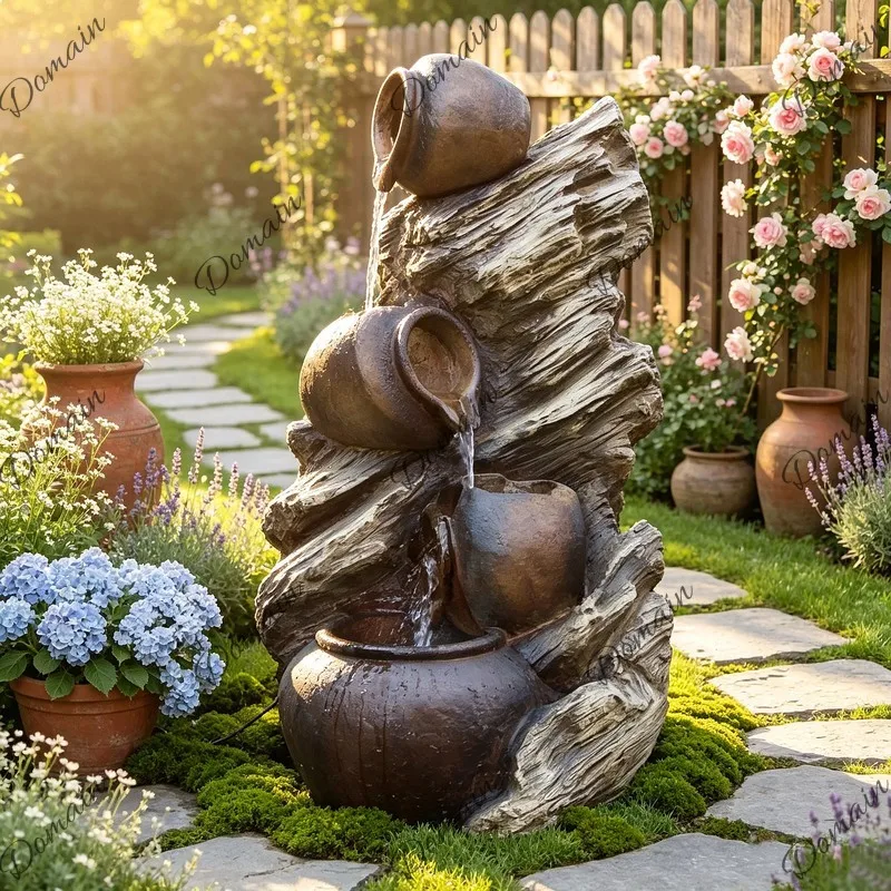 Large European style garden decoration with flowing water ornaments, outdoor courtyard with multiple layers of jars
