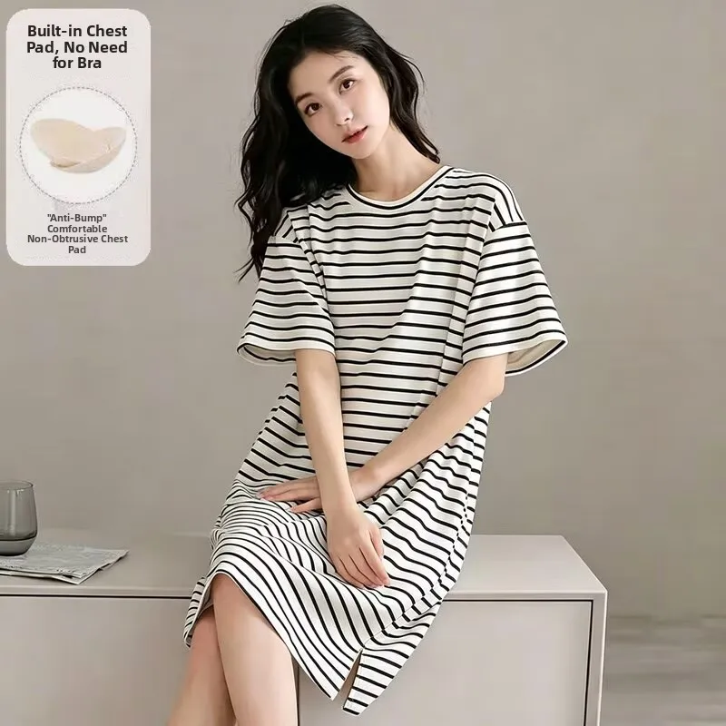 Summer Cotton Pajama Women's Short Sleeve Dress Casual Striped Sleepwear Home Clothes Thin Model Comfortable Breathable Dress