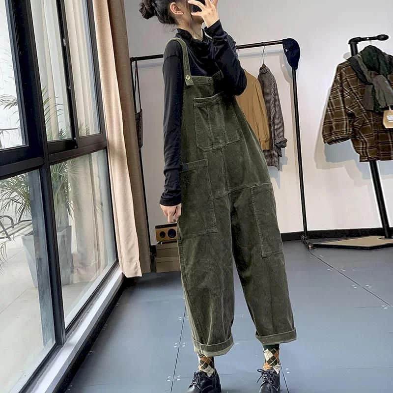 Corduroy Jumpsuits for Women Solid Thick Straight Pants One Piece Outfit Women Rompes Loose Korean Style Casual Vintage Overalls