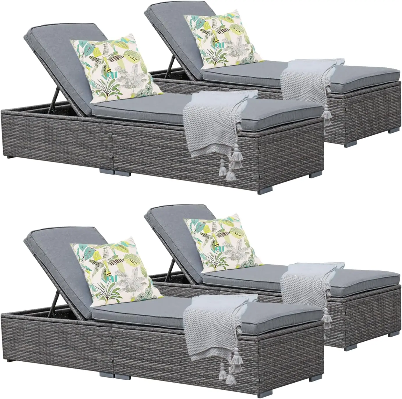 

Outdoor Patio Chaise Lounge Chair,Elegant Reclining Adjustable Pool Rattan Chaise Lounge Chair with Cushion,Steel Frame,Set of 4
