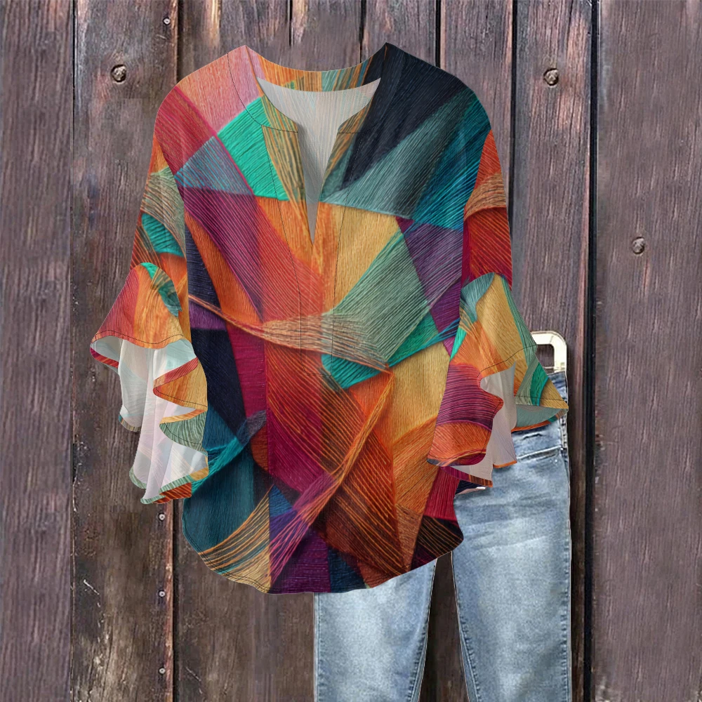 

Chic V-Neck Crinkle Fabric​ Blouse with Puff Sleeves and Multicolor Geometric Pattern Women's Fashion Tops Autumn Shirt PlusSize
