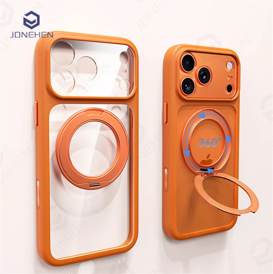 Image of Magnetisch 360° ° Rotationsständer Ringhalter Orange Hülle für iPhone 17 Pro Max Acryl Transparente Linsenschutzhülle für Magsafe