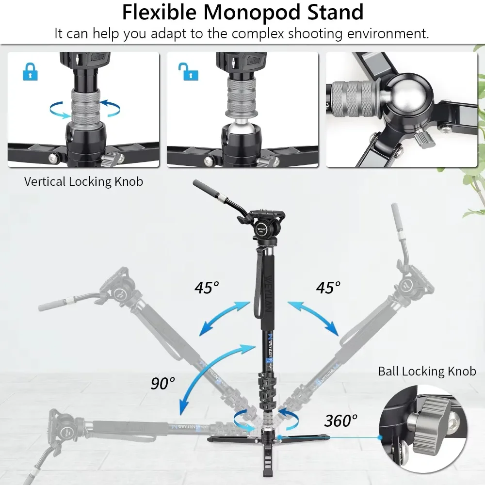 WEYLLAN Professional Video Monopod Kit Unipod with Fluid Head Travel Tripod Stand for DSLR Camera Telescopic Camcorders Phone