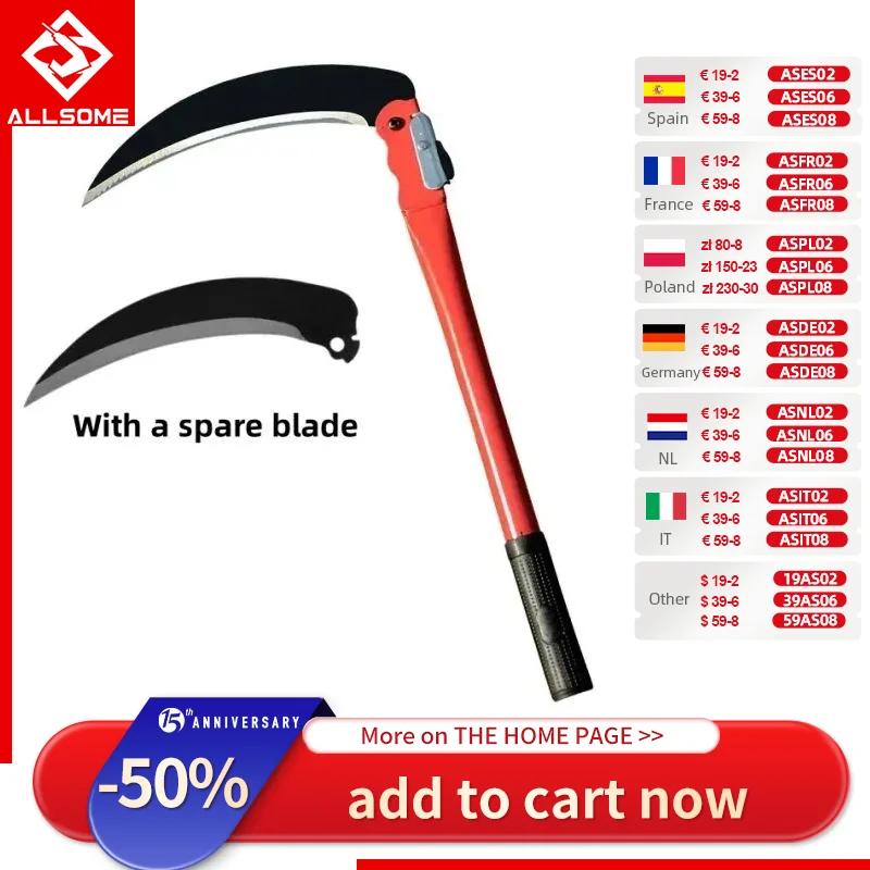 Long Handle  Folding Scythe Agricultural Folding Sickle Lawn Mower Gardening Grass Weeding Knife with spare blade Garden Tool