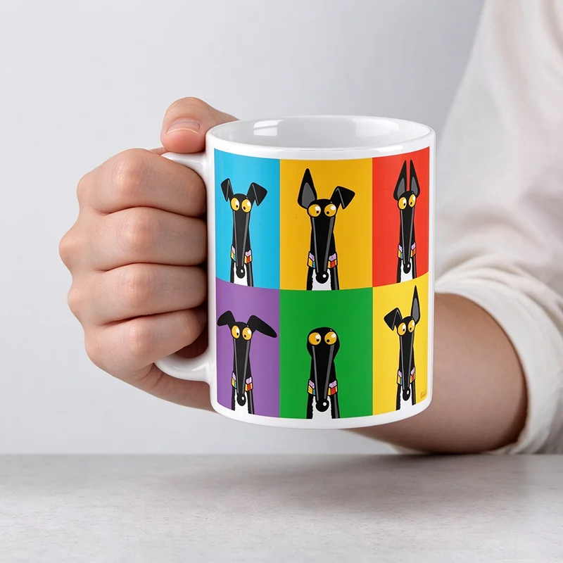 Pop Art Greyhound Whippet Dog Ceramic Mug Color Grid Cartoon Sighthound Print 11oz Coffee Tea Cup Novelty Gift for Dog Lover