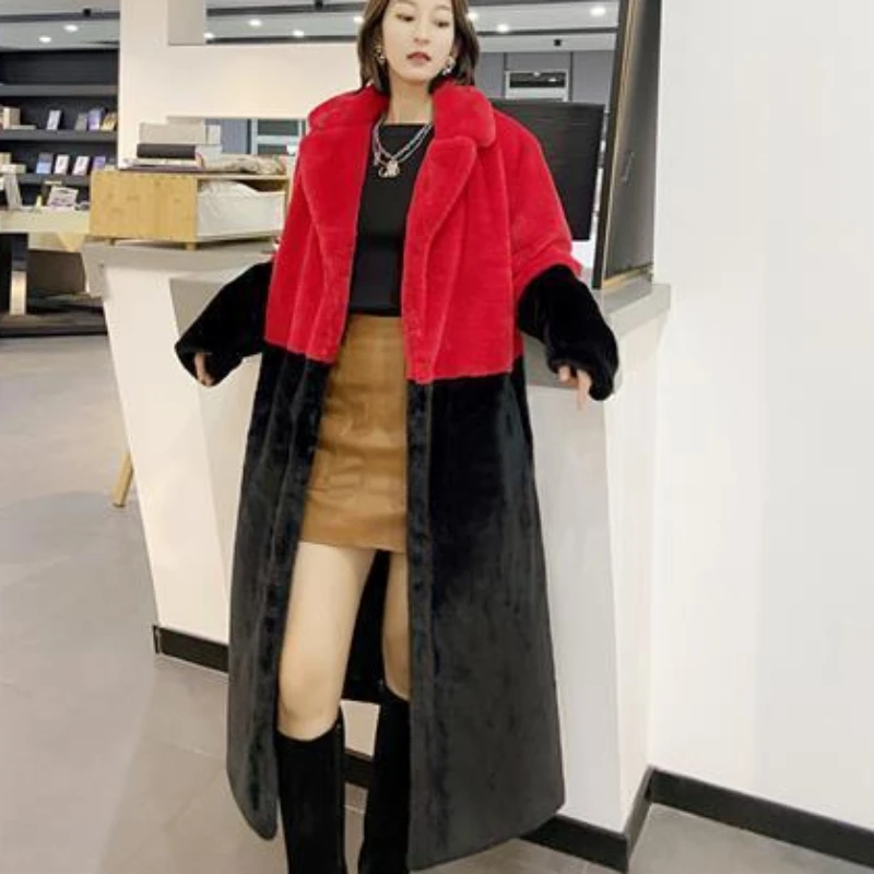 

2023 New Women Winter Faux Rex Rabbit Fur Coat Long Pattern Splicing Simple Overcoat Thicken Loose Jacket Warm Trend Outwear