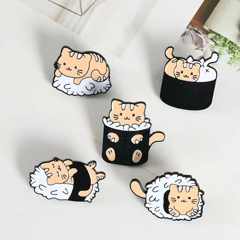 Cat Sushi Rice Ball Enamel Pins Custom Cute Animals Japanese Foods Brooch Lapel Badge Cartoon Jewelry Gift for Friends Wholesale image 4