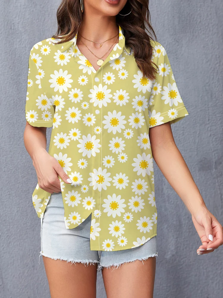 Camisa con estampado Digital 3d de margaritas pequeñas para mujer, camisa Popular de calle, Tops de manga corta informales sueltos, dulce y encantador