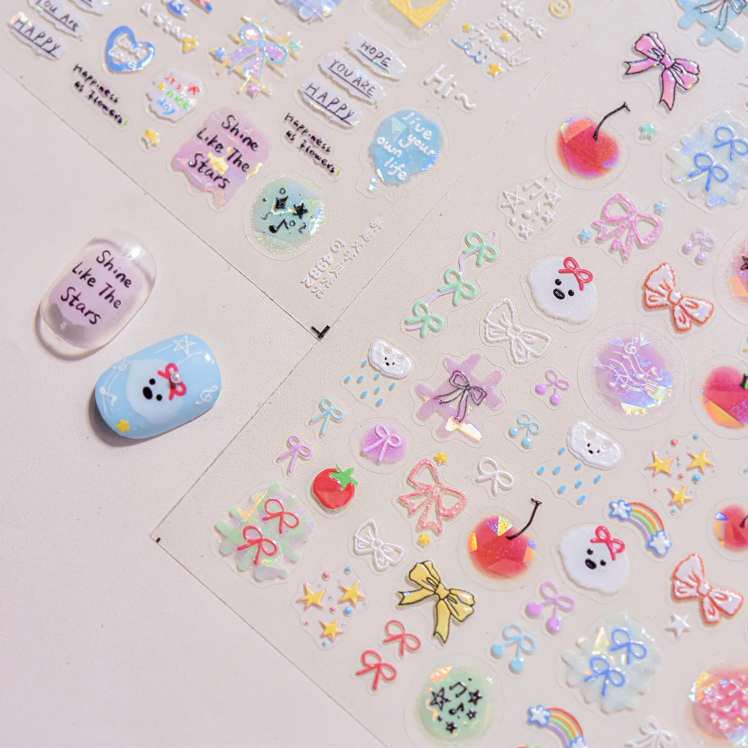 

1pcs Colored Cartoon Graffiti Reliefs Nail Stickers Dyeing English Fruits 5D Heart Bows Flowers Adhesive Nail Art Sticker Decals
