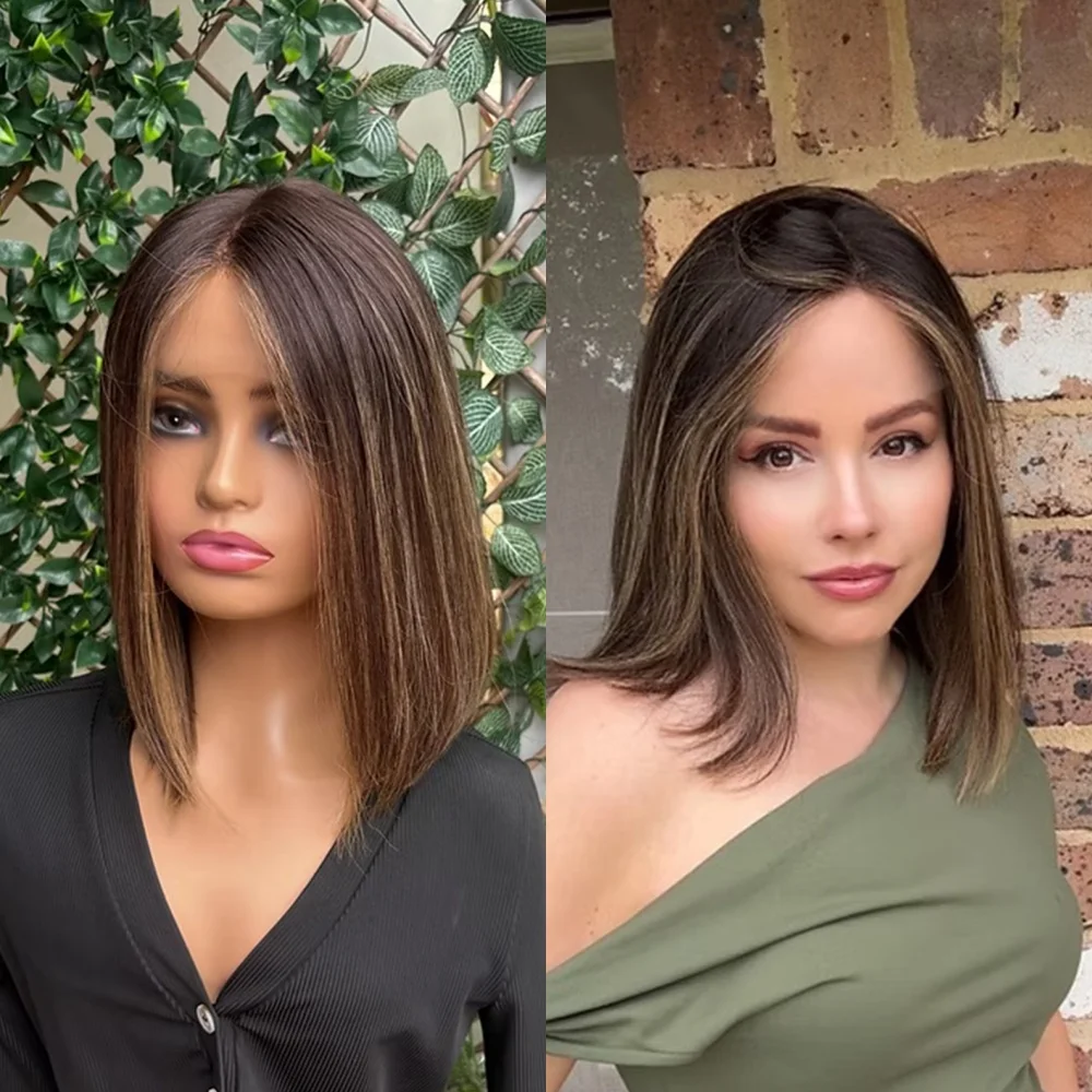12 Inches Middle Part 13x4 Ombre Dark Brown Synthetic Lace Front Wig Glueless Top Swiss HD Lace Wig Short Straight Bob Cosplay