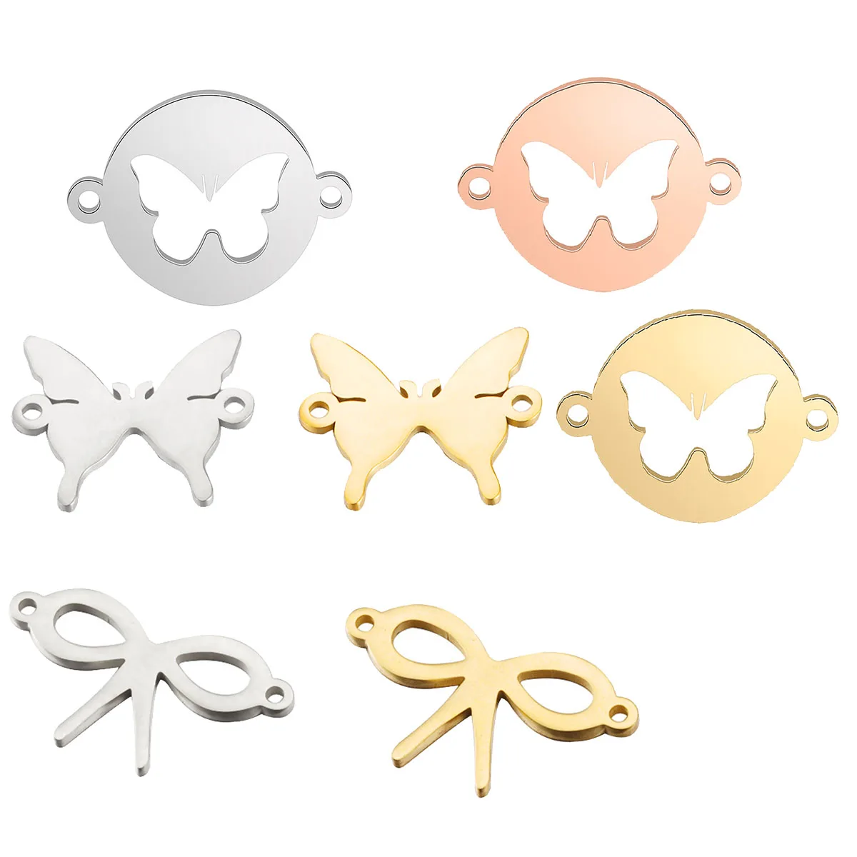 

10pcs Stainless Steel Butterfly Insect Round Bow-knot Pendant Charms Connectors For Bracelets Jewelry Making Finding Accessories