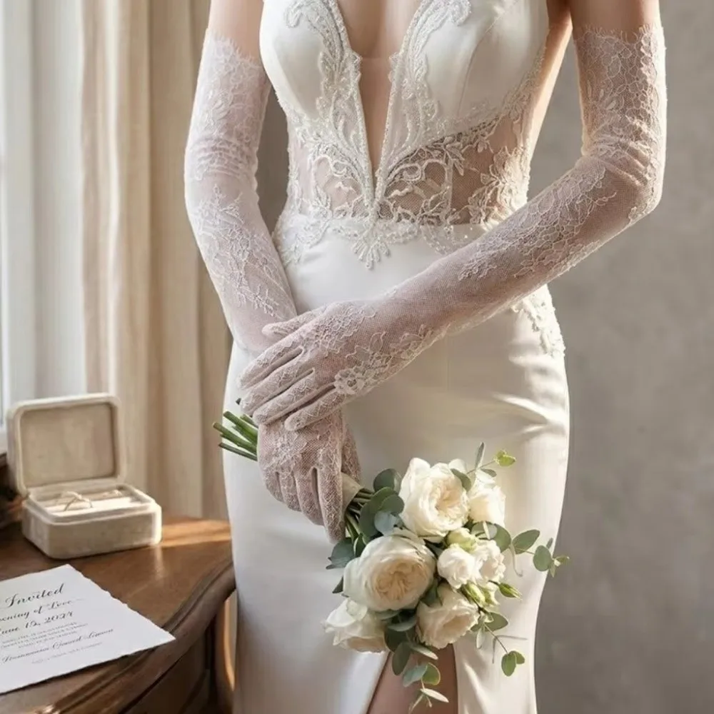 Long Lace Wedding Gloves Elbow Length Soft stretch Sheer Lace Bridal Gloves Floral Tulle Gloves Bride Dinner Party Evening