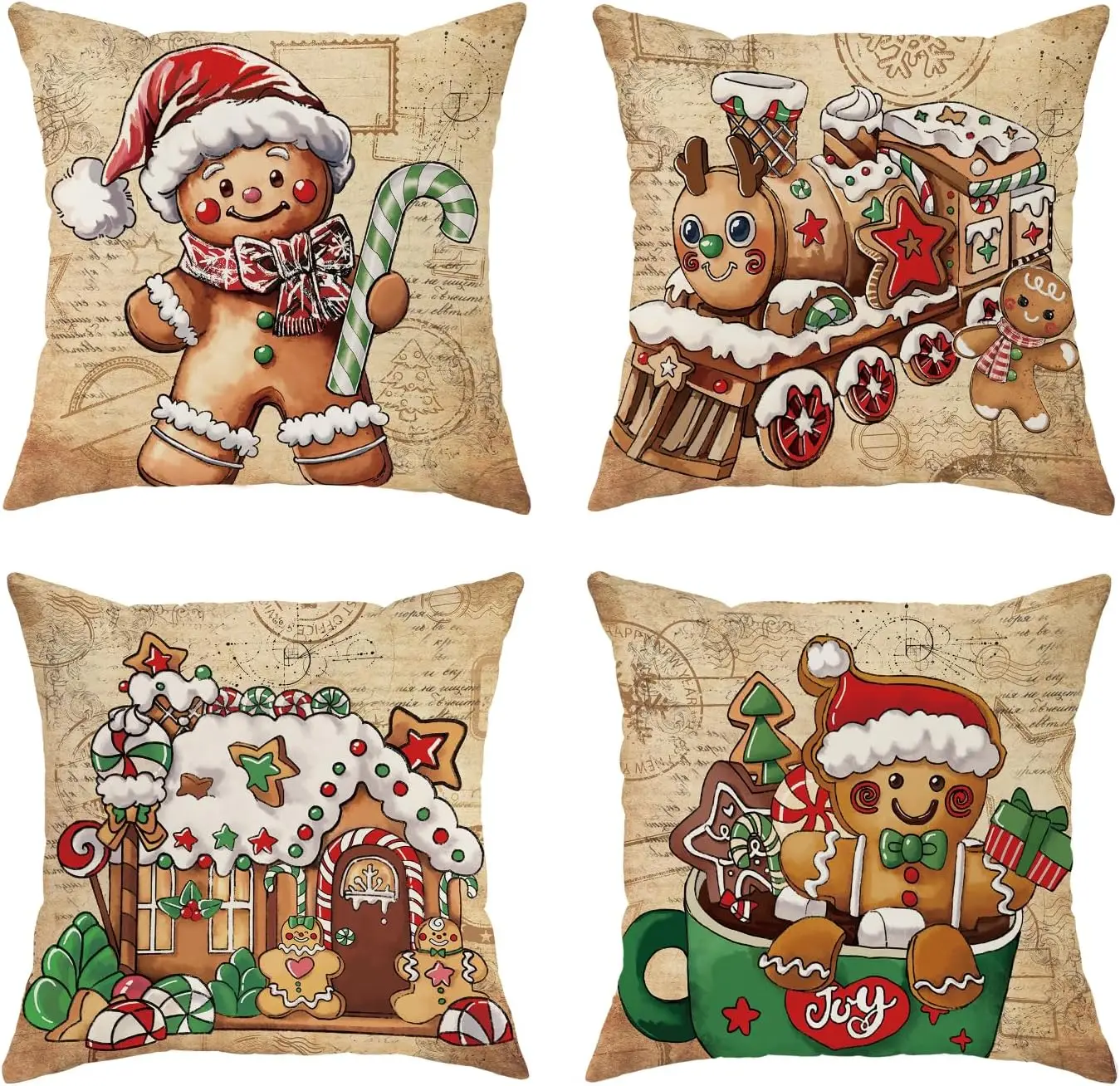 Christmas Set of 4 Double Sided Throw Pillow Covers Gingerbread Man Train Vintage Cushion Cases Decor for Couch Sofa