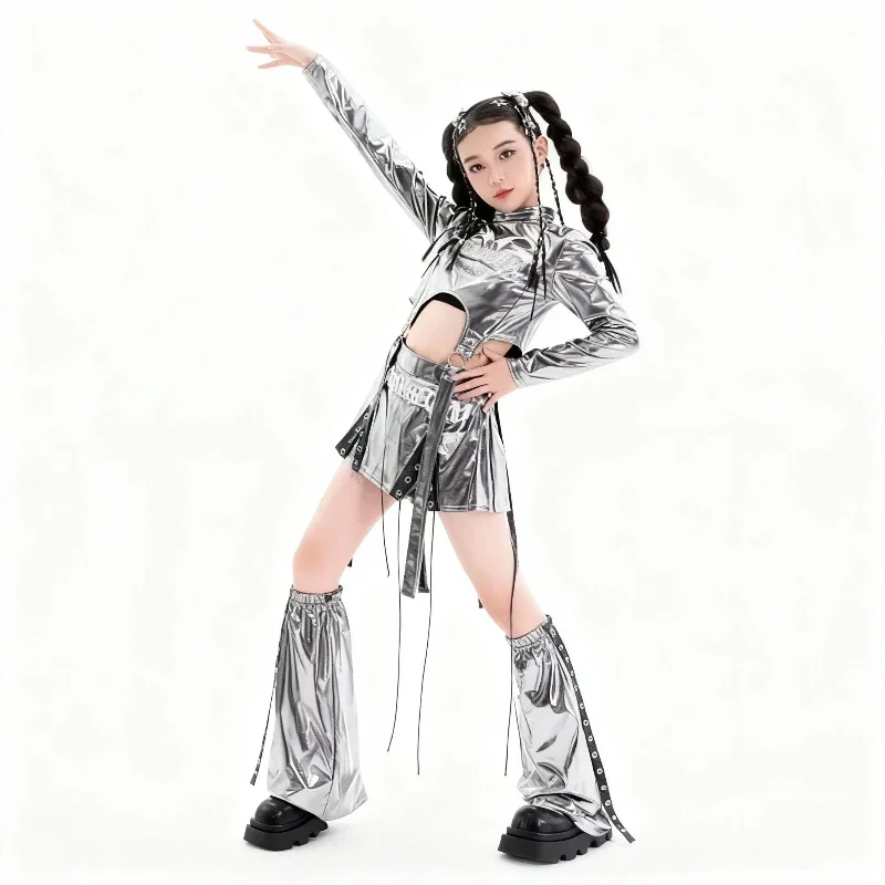 

New Girls Jazz Dance Costume Group Clothes Glossy Silver Outfits Hip Hop Clothing Team Music Festival Stage Clothes DN21999