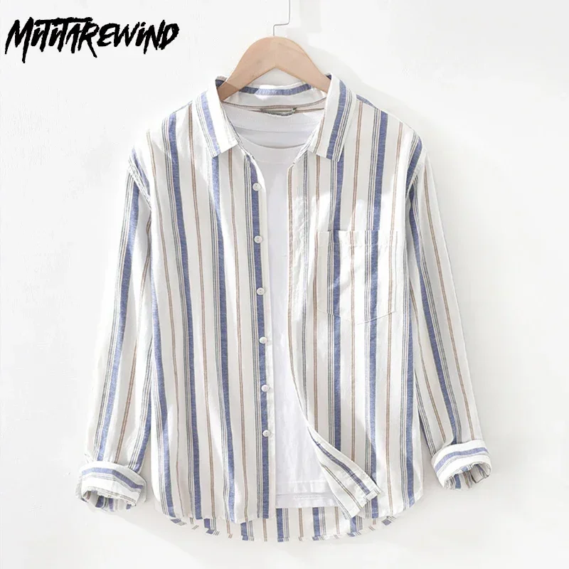 

Spring and Summer Cotton Linen Shirt Men Korean Style Casual Striped Shirt Square Pocket Long Sleeve Mens Shirts Breathable Tops
