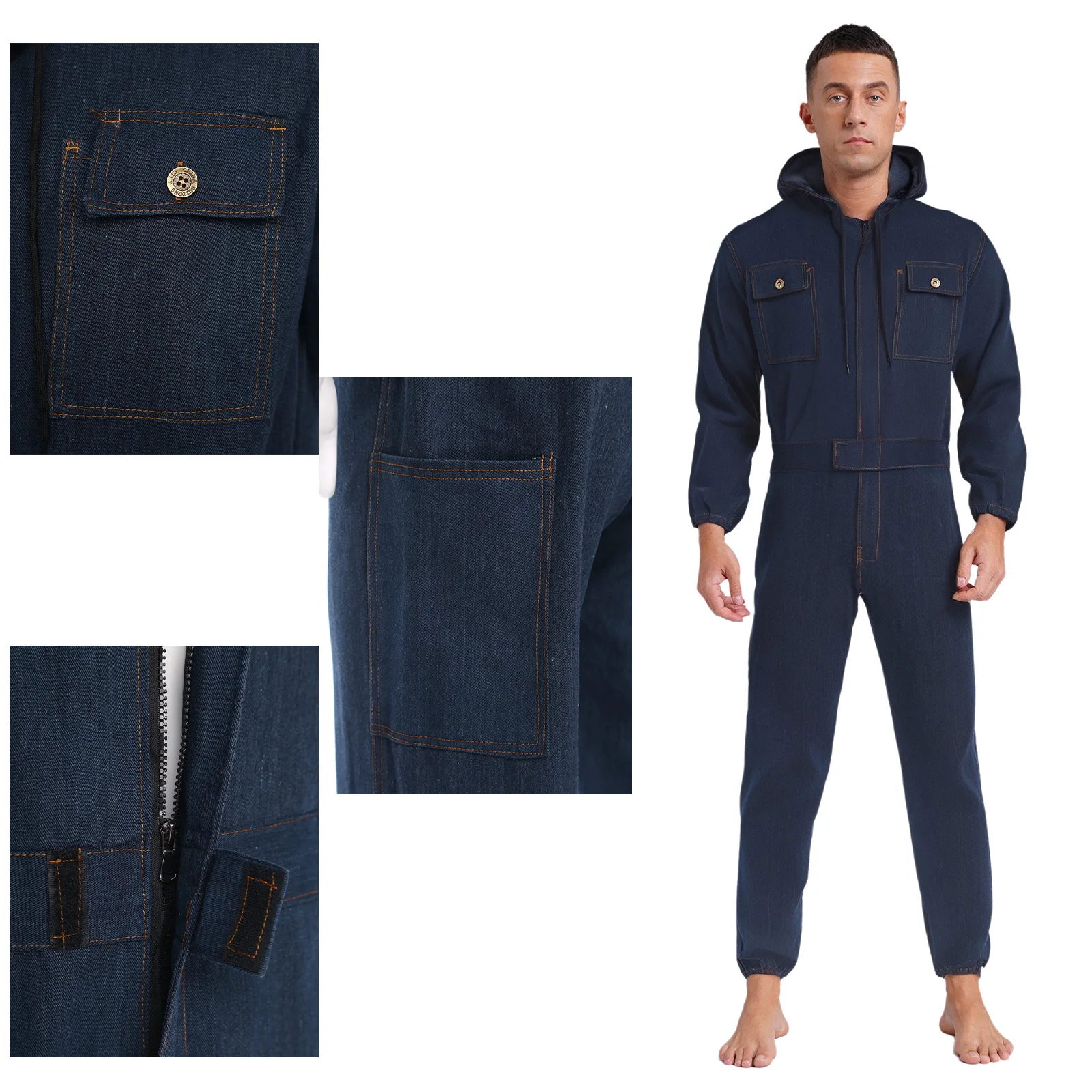 Men's Hooded Work Coveralls Long Sleeve Full Cover Denim Jumpsuits Wear Resistant Rompers for Reparing Spraying Working Overalls