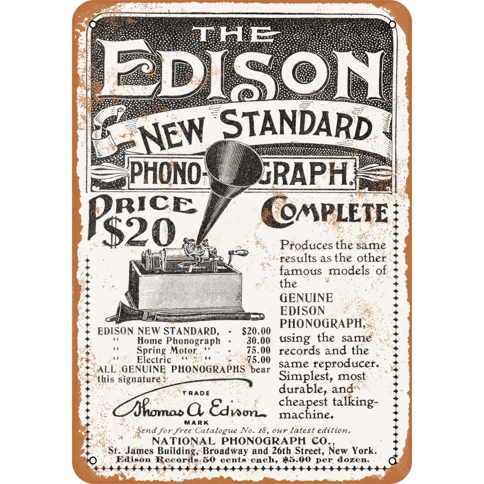 1898 Edison New Standard Phonograph Metal Sign - Heavy-Duty Iron Retro Replica with Cylinder Recording Design - Antique 1920s-3
