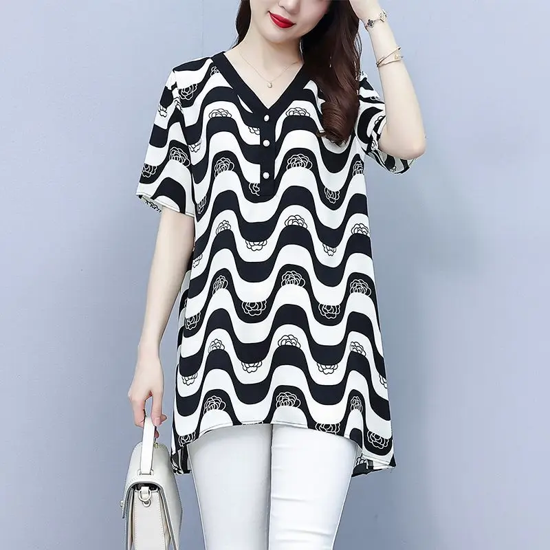 Women\'s Clothing Ripple Print Irregular Elegant Blouse Summer Fashion V Neck Short Sleeve Loose Casual Shirts Ladies Tunic Tops