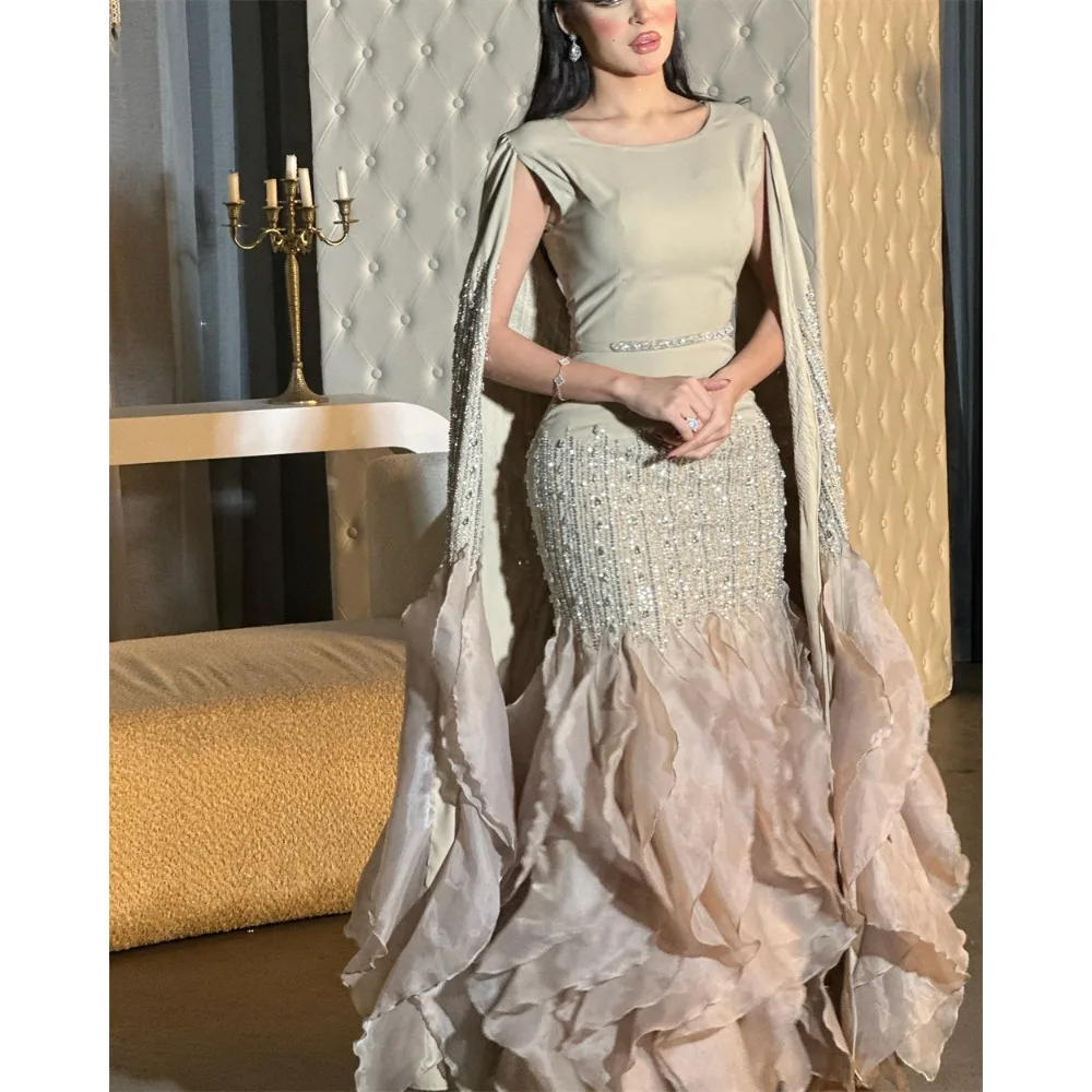 

Customized Saudi Arabia Evening Jersey Beading Pleat Ruched Wedding Party A-line O-Neck Bespoke Occasion Gown Long Dresses