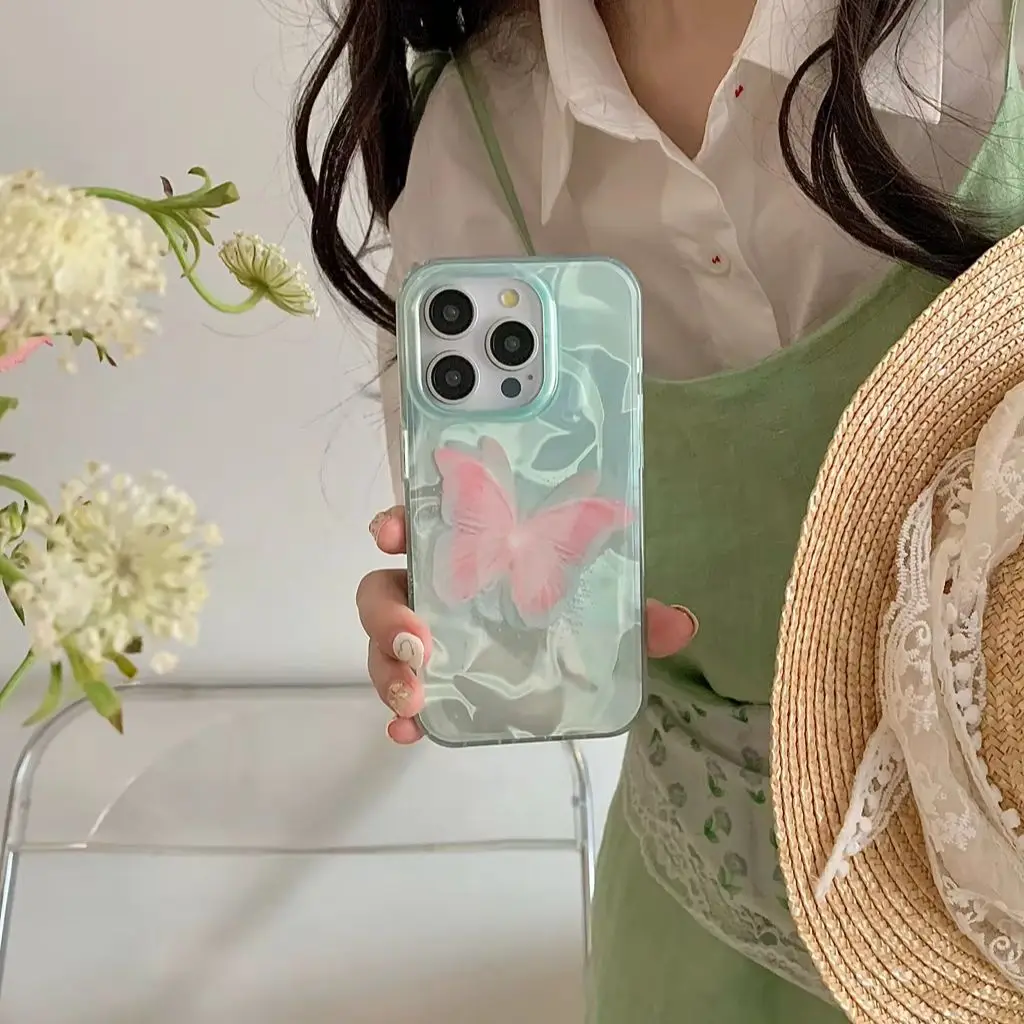 Ins Stylish Green Background Water Ripple Pink Butterfly Phone Cover Case For iPhone 15 14 13 12 Pro Max