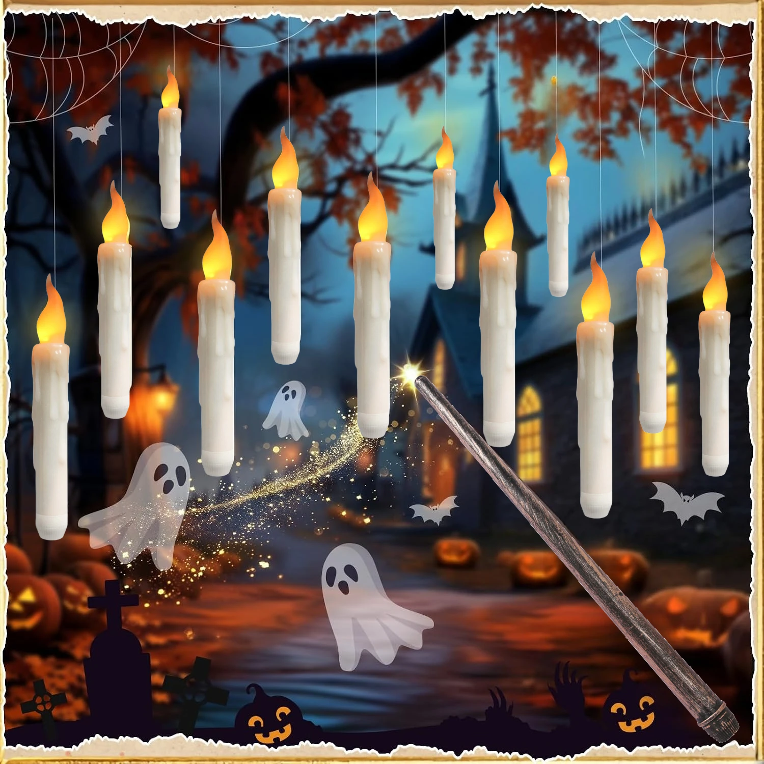 Floating LED Candles with Wand Control Magical Candlesticks Witch Decors LED Window Candle Taper Candles for Halloween Christmas